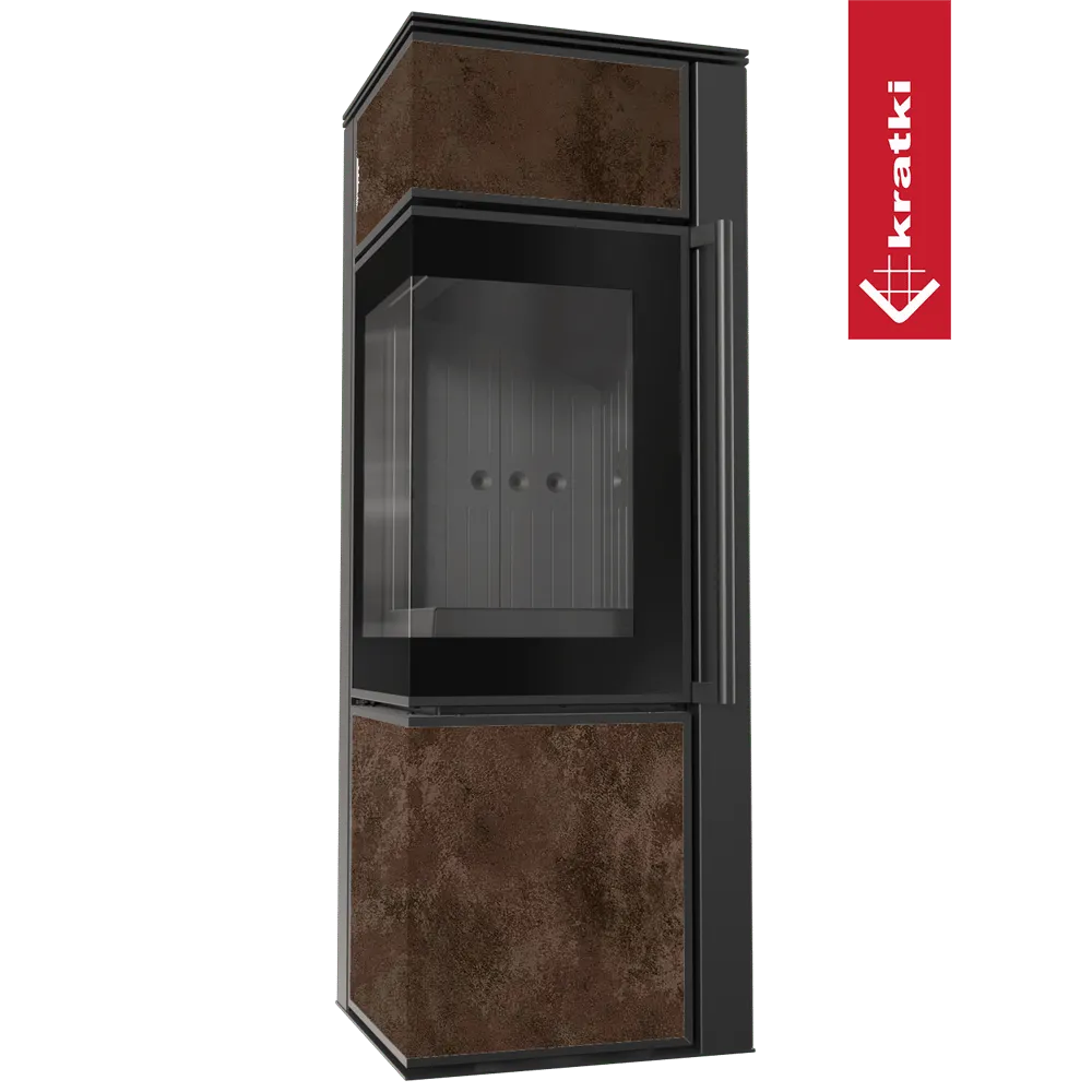 Kratki Tora S houtkachel met glazen deur en roestkleurige panelen, modern en stijlvol ontwerp.