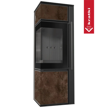 Kratki Tora S houtkachel met glazen deur en roestkleurige panelen, modern en stijlvol ontwerp.