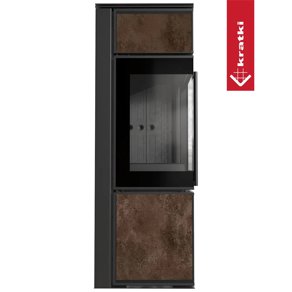 Kratki Tora S houtkachel met glazen deur en roestkleurige panelen, modern en stijlvol ontwerp.
