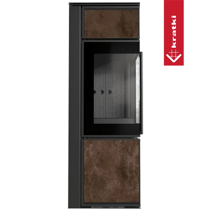 Kratki Tora S houtkachel met glazen deur en roestkleurige panelen, modern en stijlvol ontwerp.
