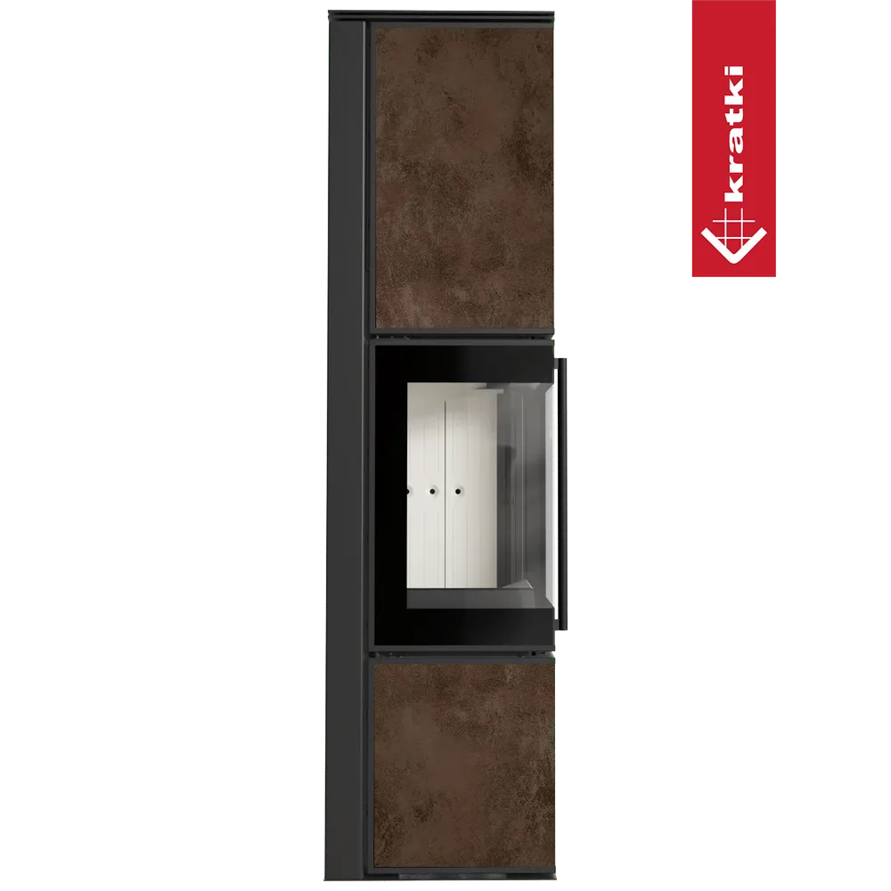 Kratki Tora L houtkachel met glazen deur en roestkleurige panelen, modern en stijlvol ontwerp.