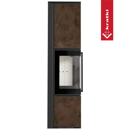 Kratki Tora L houtkachel met glazen deur en roestkleurige panelen, modern en stijlvol ontwerp.