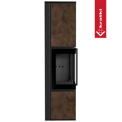 Kratki Tora L houtkachel met een slank, modern ontwerp en roestkleurige panelen.