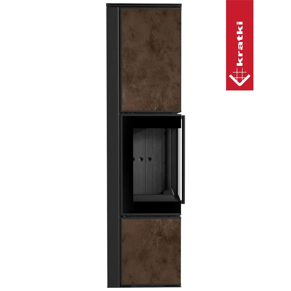 Kratki Tora L houtkachel met een slank, modern ontwerp en roestkleurige panelen.