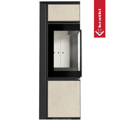 Kratki Tora S houtkachel met glazen deur en beige panelen, modern en strak ontwerp.