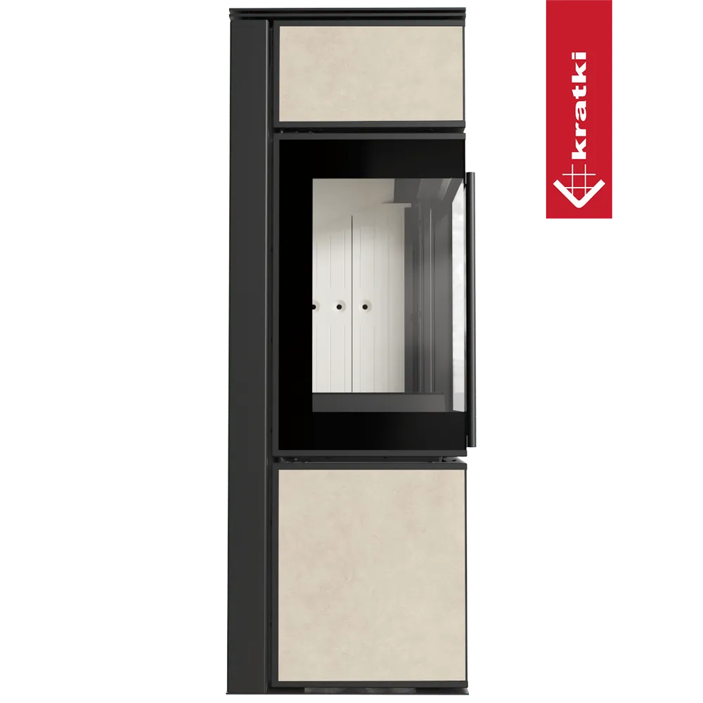 Kratki Tora S houtkachel met glazen deur en beige panelen, modern en strak ontwerp.