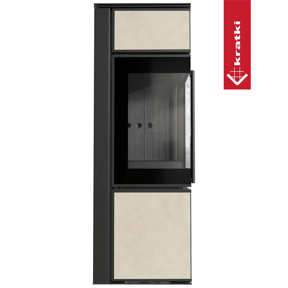 Kratki Tora S houtkachel met glazen deur en beige panelen, modern en strak ontwerp.