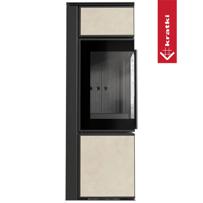 Kratki Tora S houtkachel met zwart frame en beige panelen, modern en strak ontwerp.