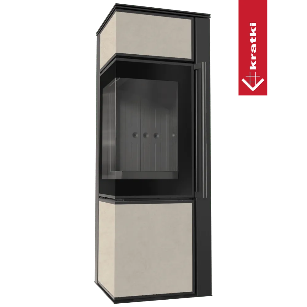 Kratki Tora S moderne vrijstaande haard met glazen deur en beige panelen.