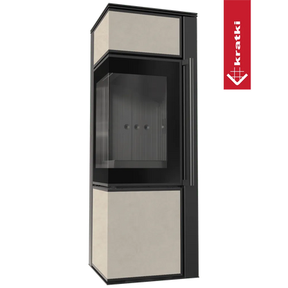 Kratki Tora S moderne vrijstaande haard met glazen deur en beige panelen.