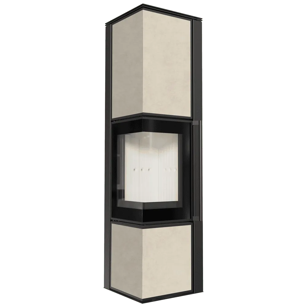 Hoogwaardige Kratki Tora L houtkachel met modern design en glazen deur voor optimale warmte.