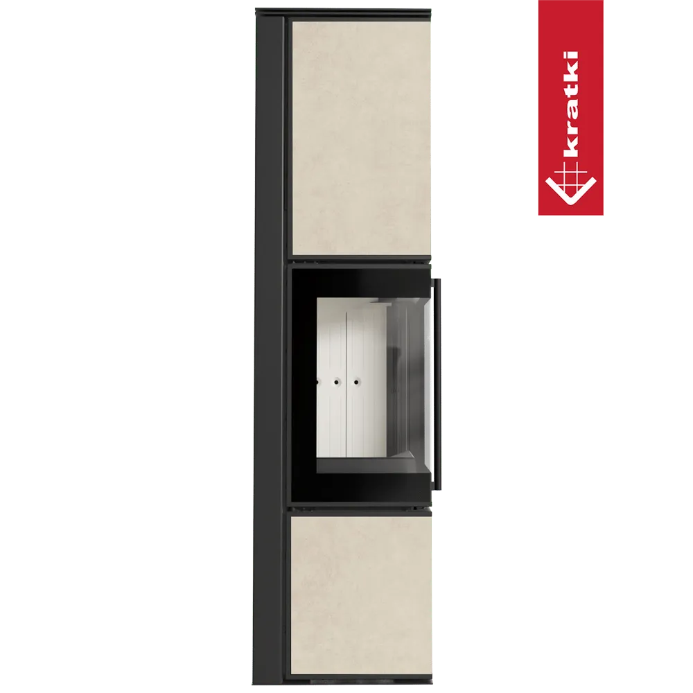 Kratki Tora L houtkachel met beige panelen en glazen deur, modern en strak ontwerp.