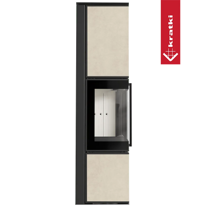 Kratki Tora L houtkachel met beige panelen en glazen deur, modern en strak ontwerp.