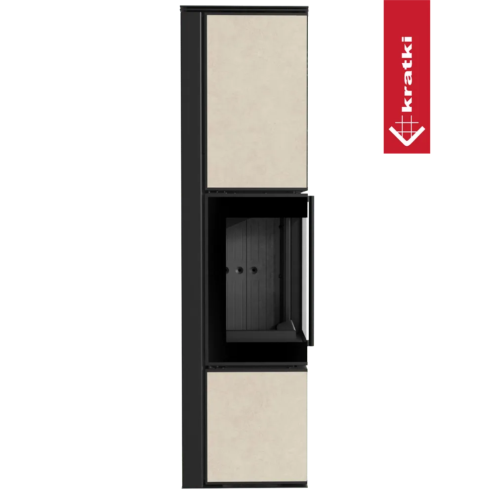 Kratki Tora L houtkachel met beige panelen en zwart frame, modern en strak ontwerp.