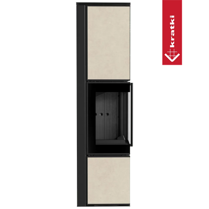 Kratki Tora L houtkachel met beige panelen en zwart frame, modern en strak ontwerp.