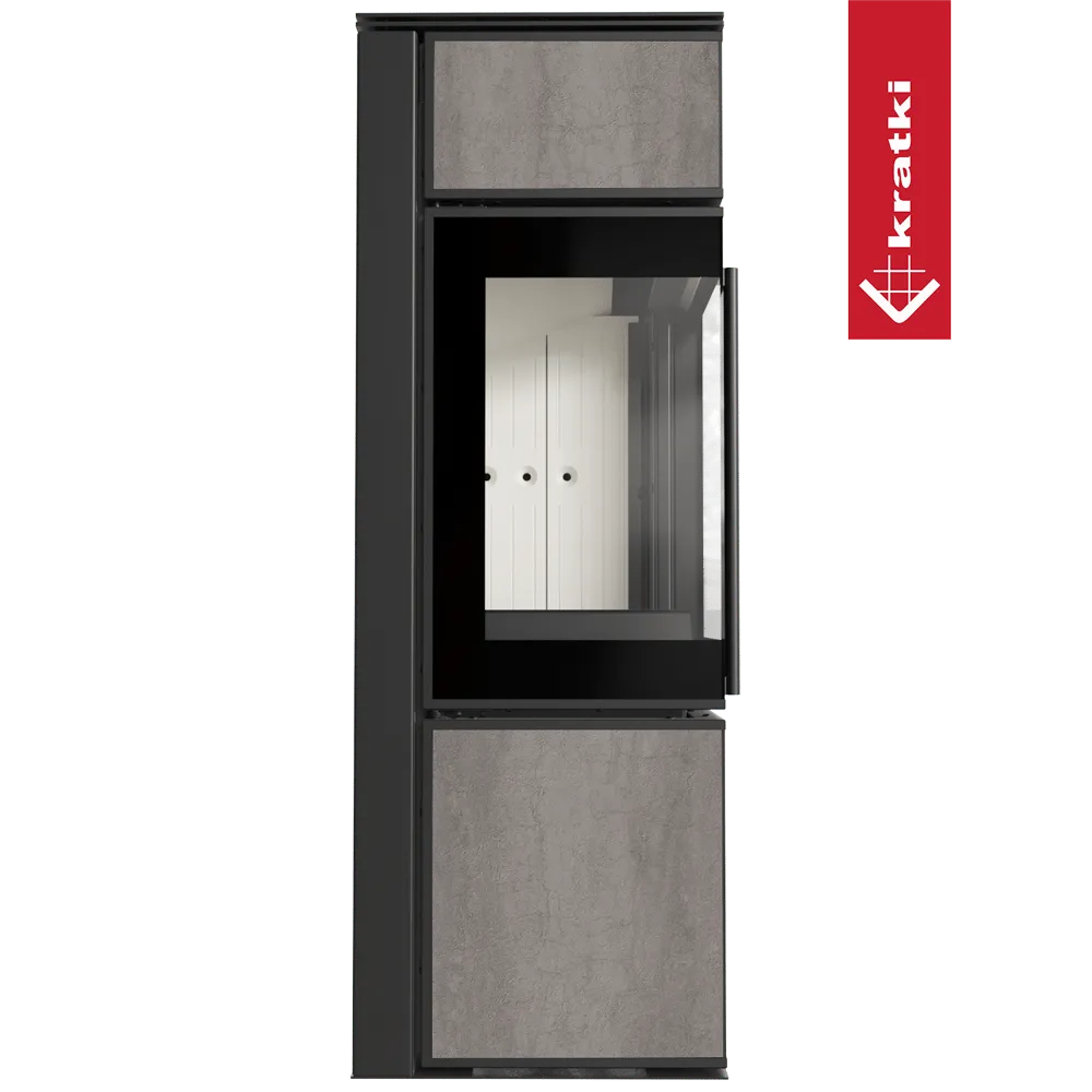 Kratki Tora S houtkachel met modern design, glazen deur en betonnen panelen.