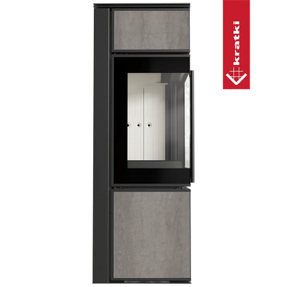 Kratki Tora S houtkachel met modern design, glazen deur en betonnen panelen.