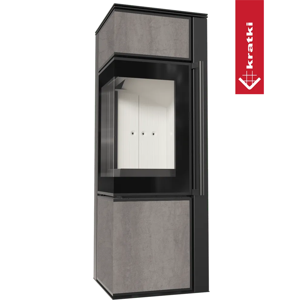 Kratki Tora S houtkachel met modern design en glazen deur, grijze en zwarte afwerking.