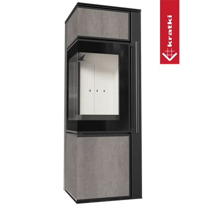 Kratki Tora S houtkachel met modern design en glazen deur, grijze en zwarte afwerking.