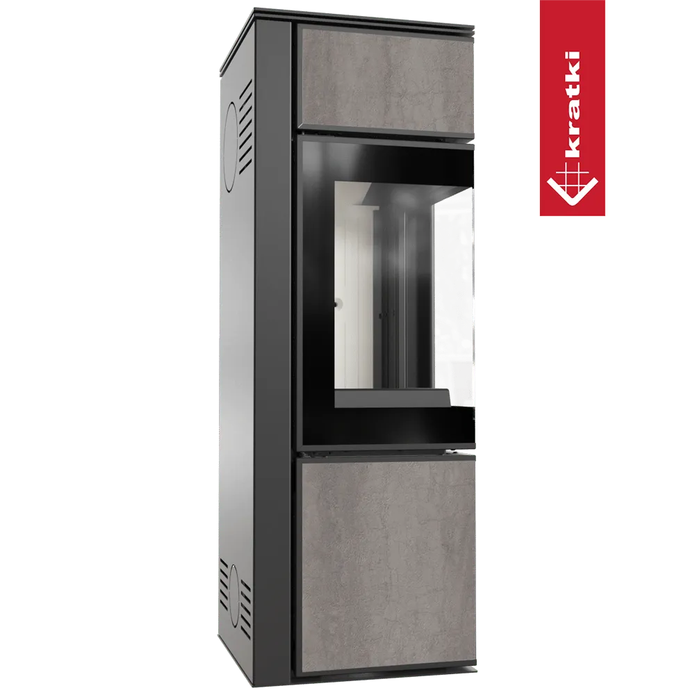 Kratki Tora S houtkachel met modern design en grote glazen deur.