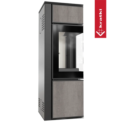 Kratki Tora S houtkachel met modern design en grote glazen deur.