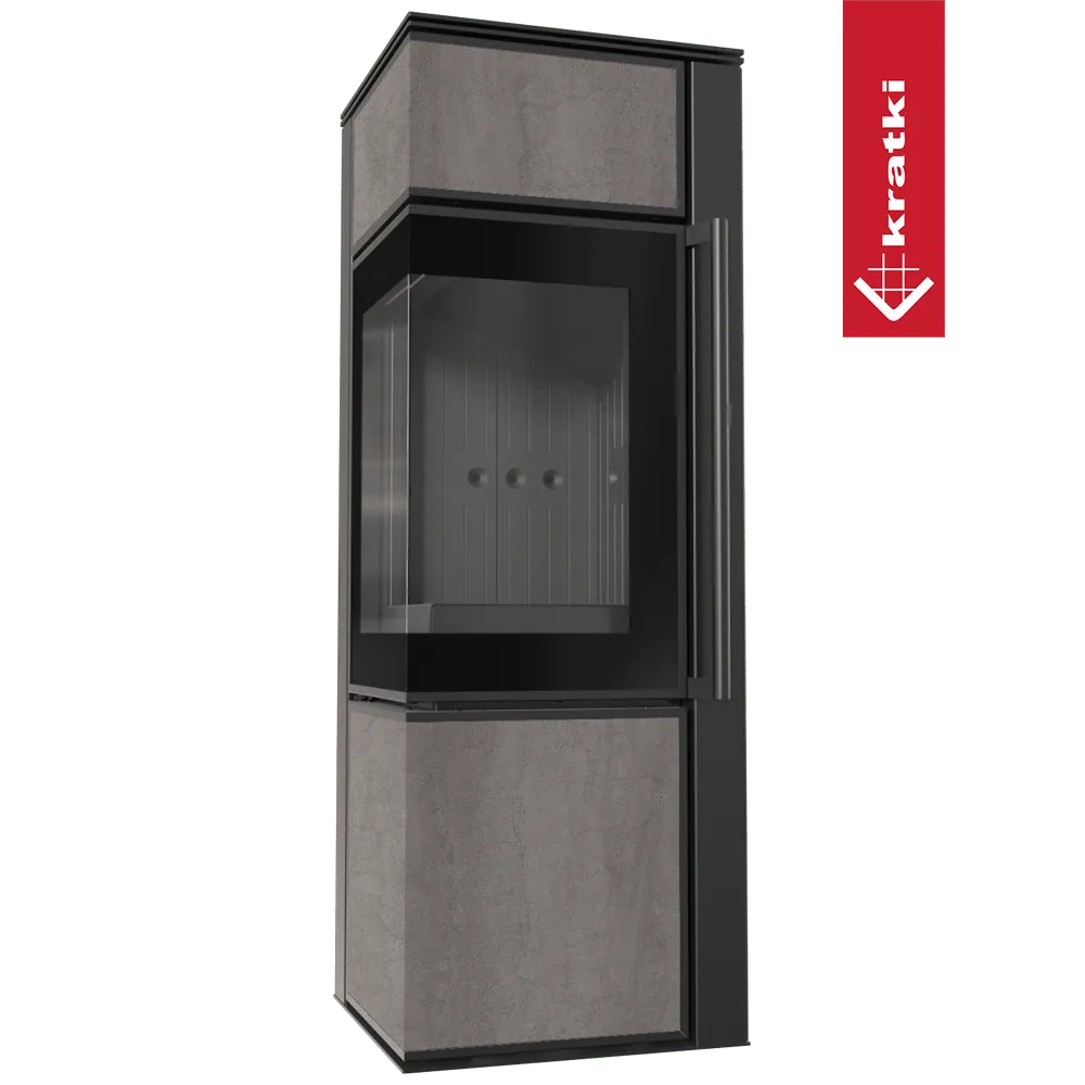 Kratki Tora S houtkachel met modern design en glazen deur, grijze en zwarte afwerking.