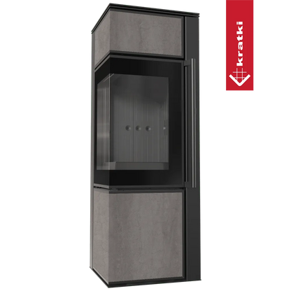 Kratki Tora S houtkachel met modern design en glazen deur, grijze en zwarte afwerking.