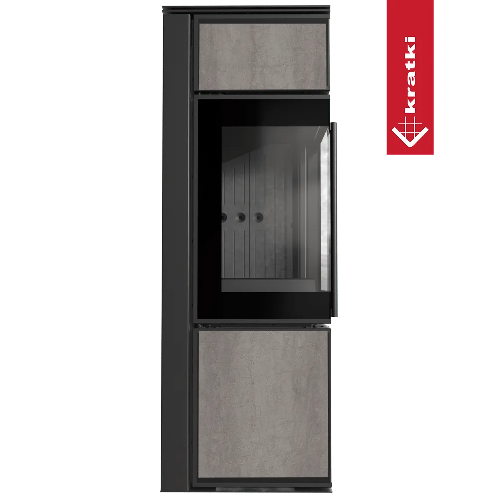 Kratki Tora S houtkachel met modern design, glazen deur en betonnen panelen.