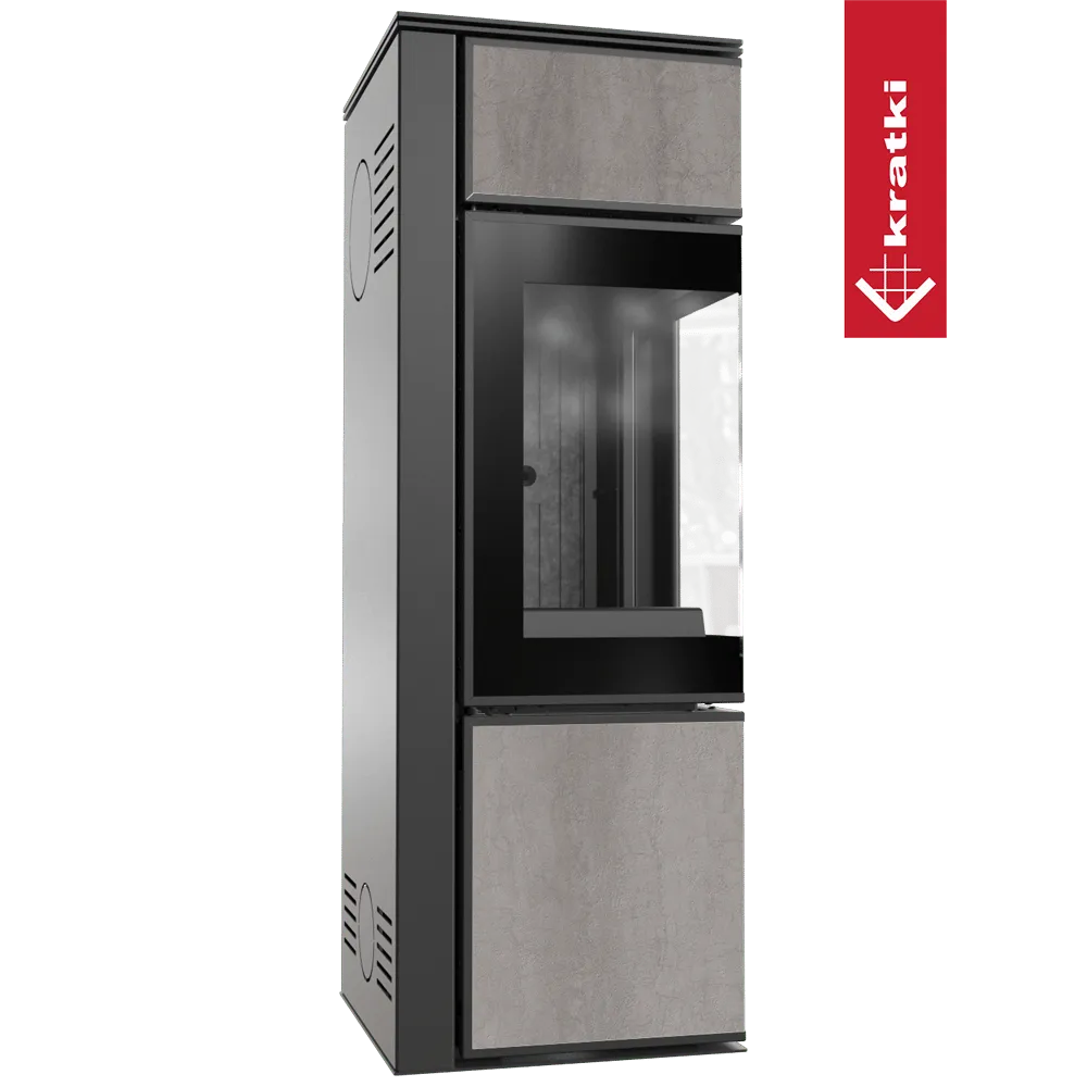 Moderne Kratki Tora S houtkachel met glazen deur en grijze panelen, strak en stijlvol ontwerp.