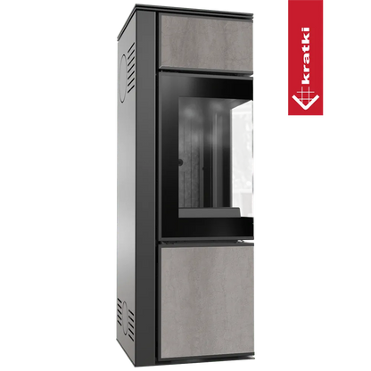 Moderne Kratki Tora S houtkachel met glazen deur en grijze panelen, strak en stijlvol ontwerp.