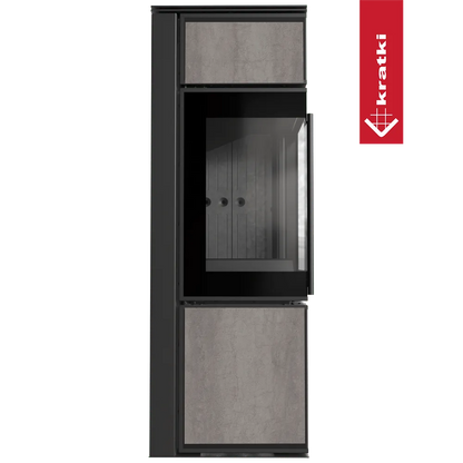 Kratki Tora S houtkachel met modern design, glazen deur en betonnen panelen.