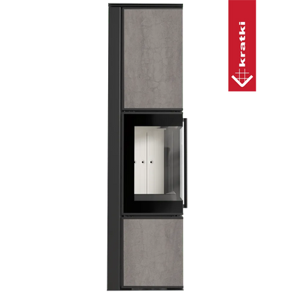 Kratki Tora L houtkachel met modern design en glazen deur, grijze panelen.
