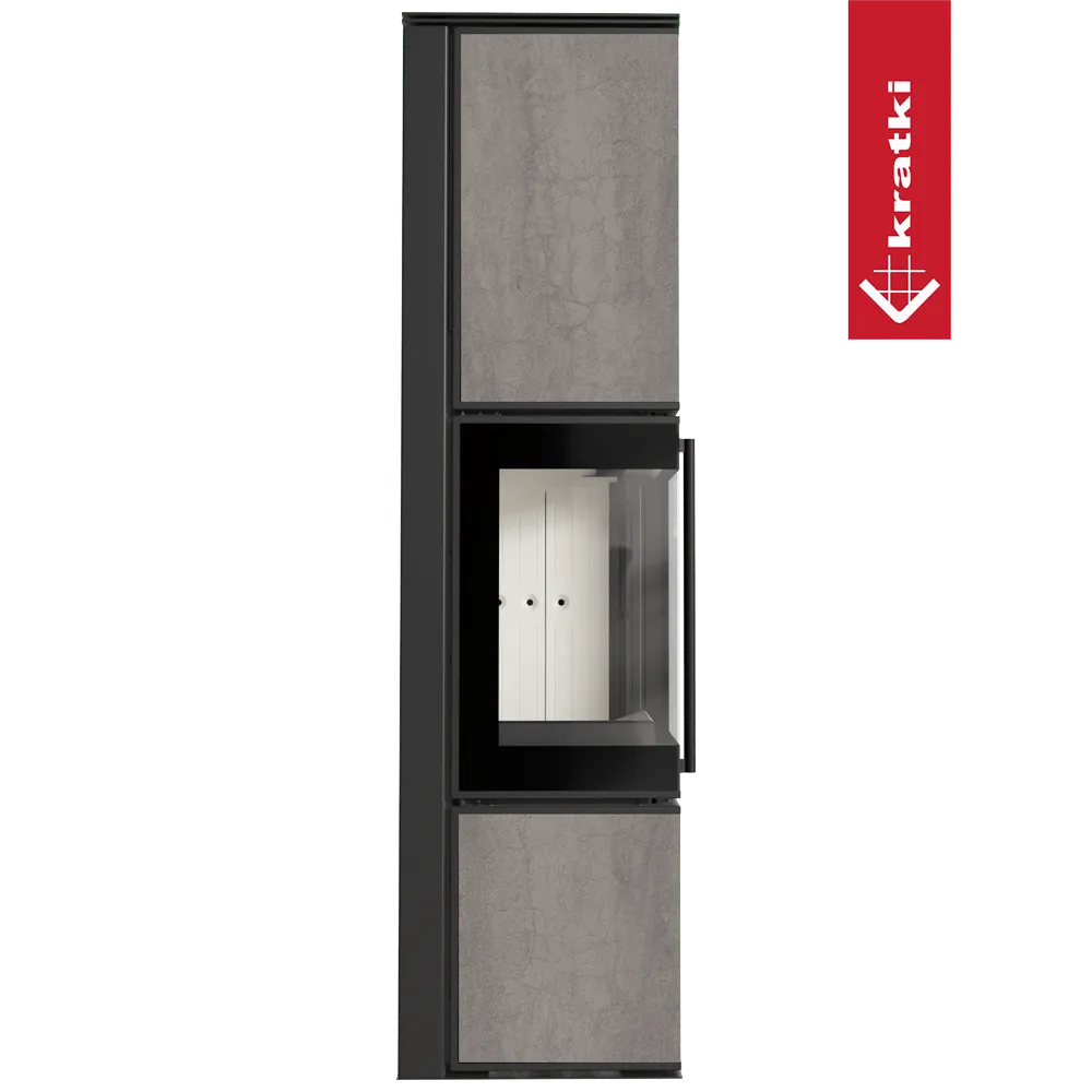 Kratki Tora L houtkachel met modern design, grijze panelen en glazen deur.