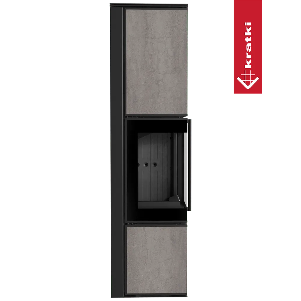 Kratki Tora L houtkachel met strakke, moderne uitstraling en betonnen panelen.