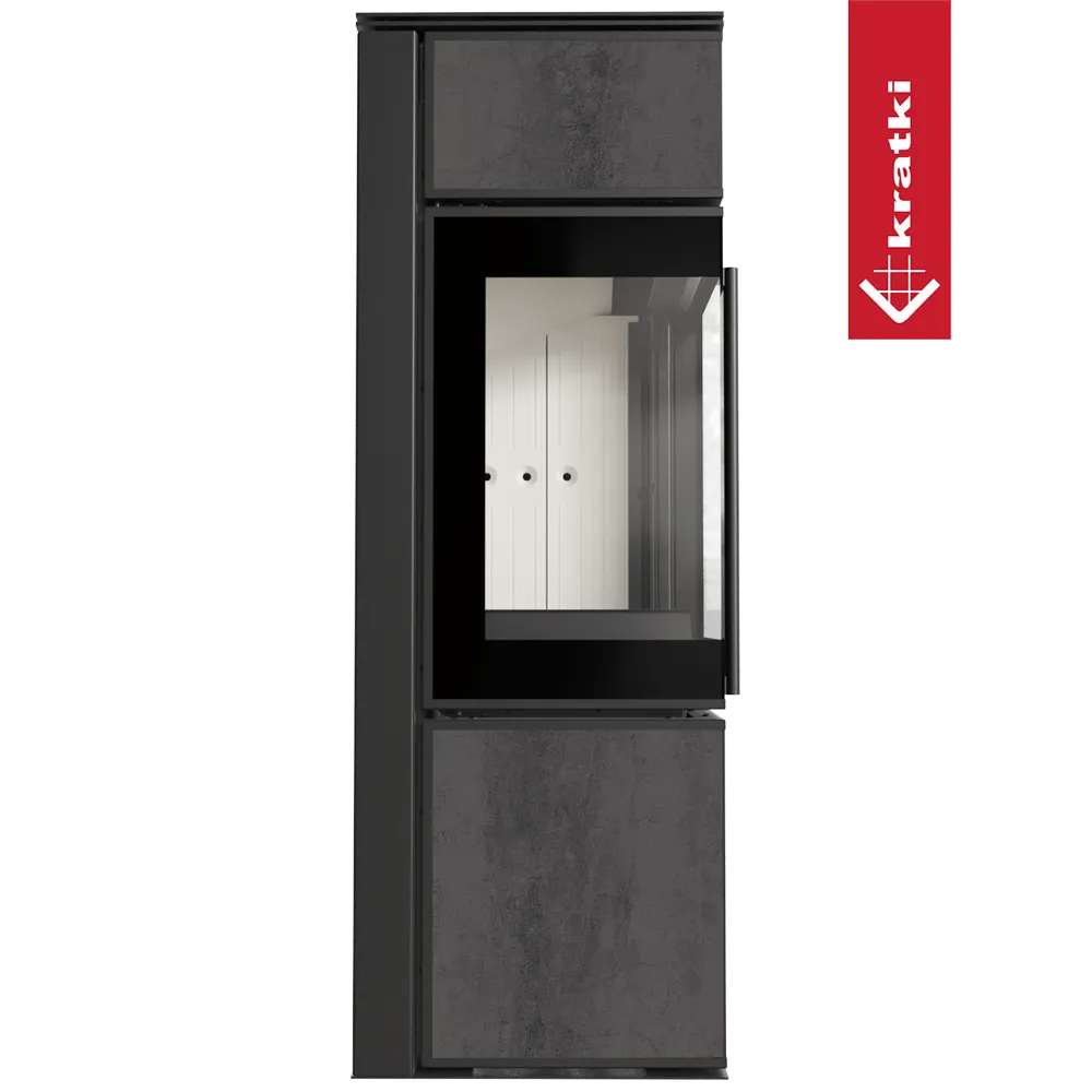 Kratki Tora S houtkachel met modern design en glazen deur, grijze afwerking.