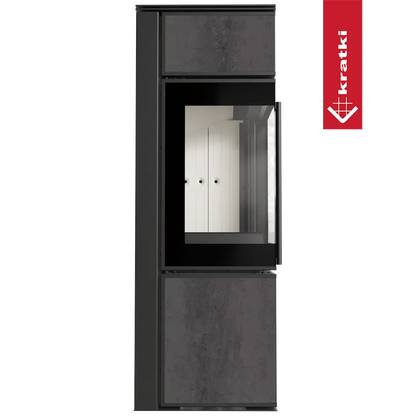 Kratki Tora S houtkachel met modern design en glazen deur, grijze afwerking.