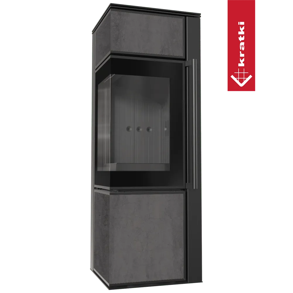 Kratki Tora S houtkachel met glazen deur en moderne, strakke afwerking in zwart en grijs.