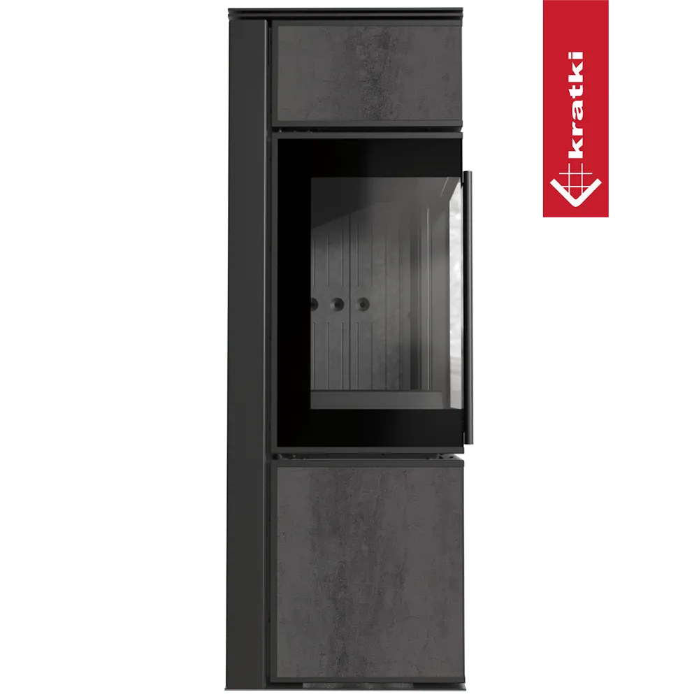 Kratki Tora S houtkachel met modern design en glazen deur, grijze en zwarte afwerking.
