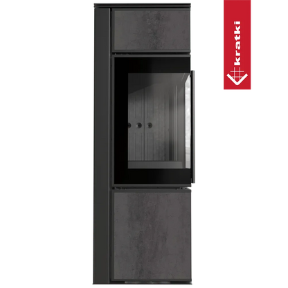 Kratki Tora S houtkachel met modern design en glazen deur, grijze en zwarte afwerking.