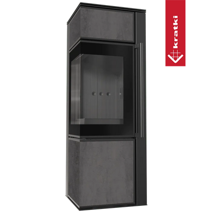 Kratki Tora S houtkachel met modern design en grote glazen deur.