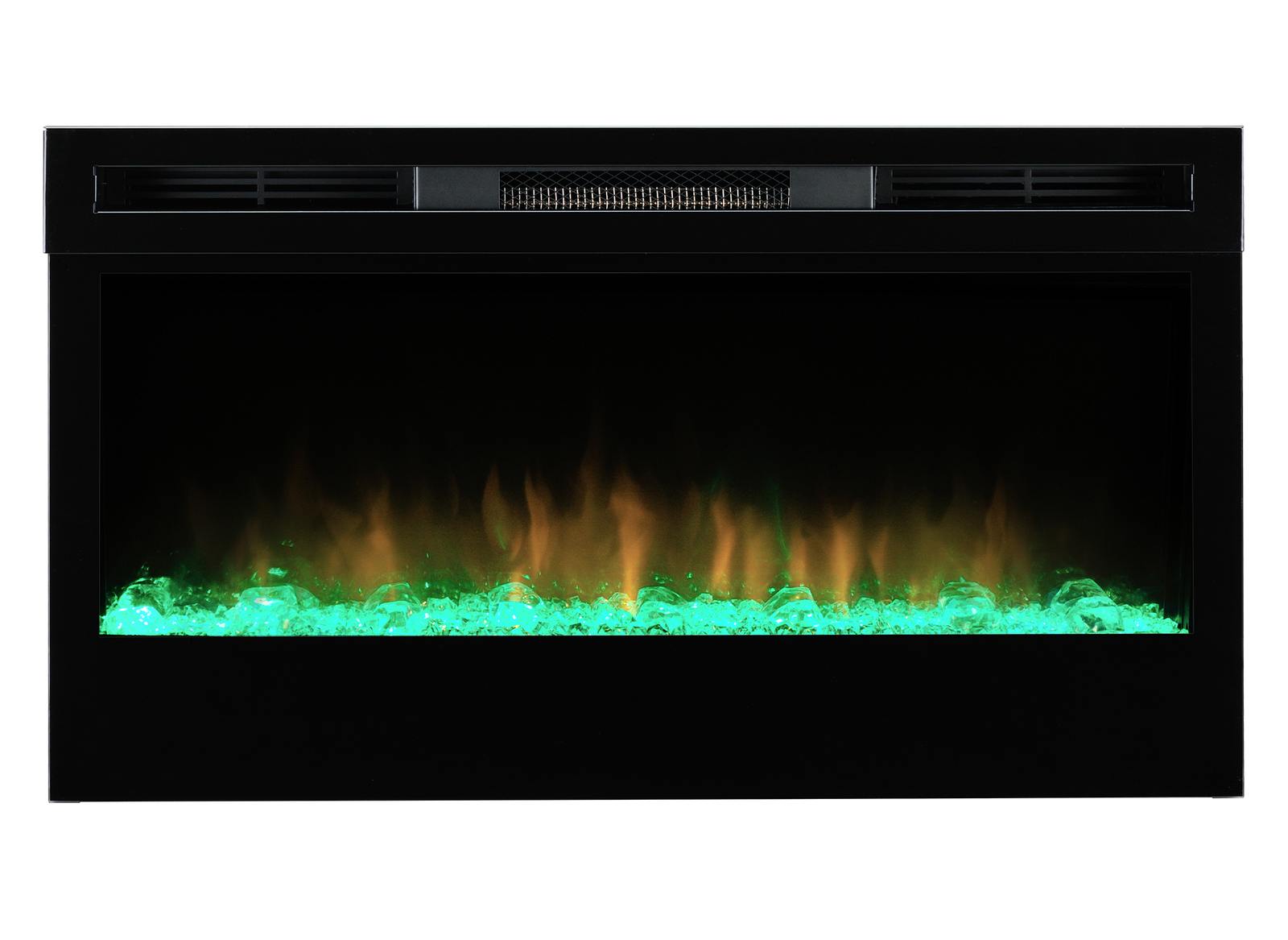 Dimplex Prism 34'' elektrische haard met groenblauwe vlammen op zwarte achtergrond