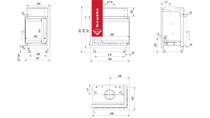 Technische tekening van Kratki Maja CV Rechts met gedetailleerde afmetingen en specificaties.