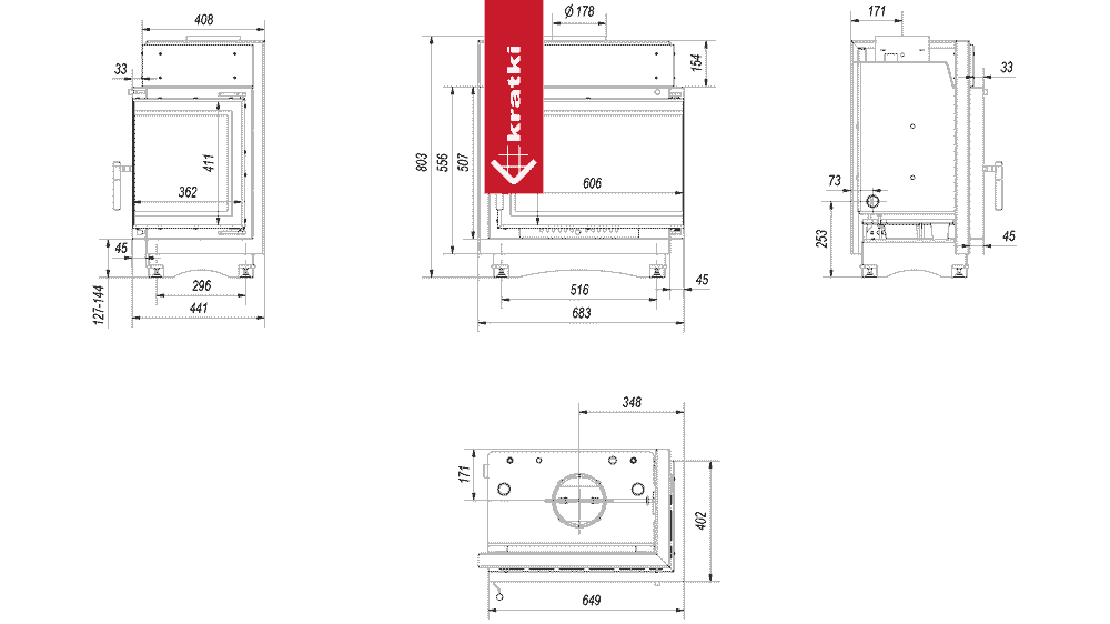 Technische tekening van de Kratki Maja CV Rechts haard met gedetailleerde afmetingen.