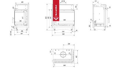 Technische tekening van de Kratki Maja CV Rechts haard met gedetailleerde afmetingen.