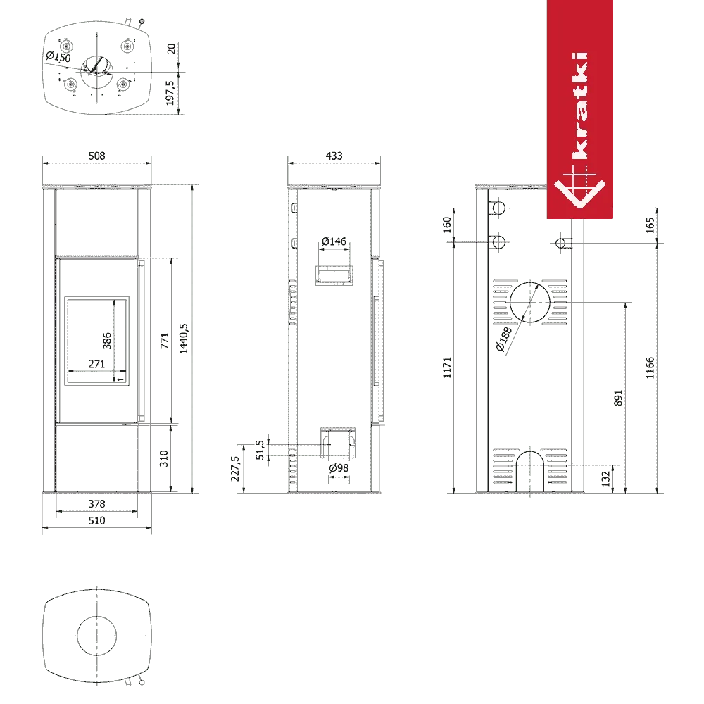 Technische tekening van de Kratki AB Enyo R Hoog haard met afmetingen en doorsneden.