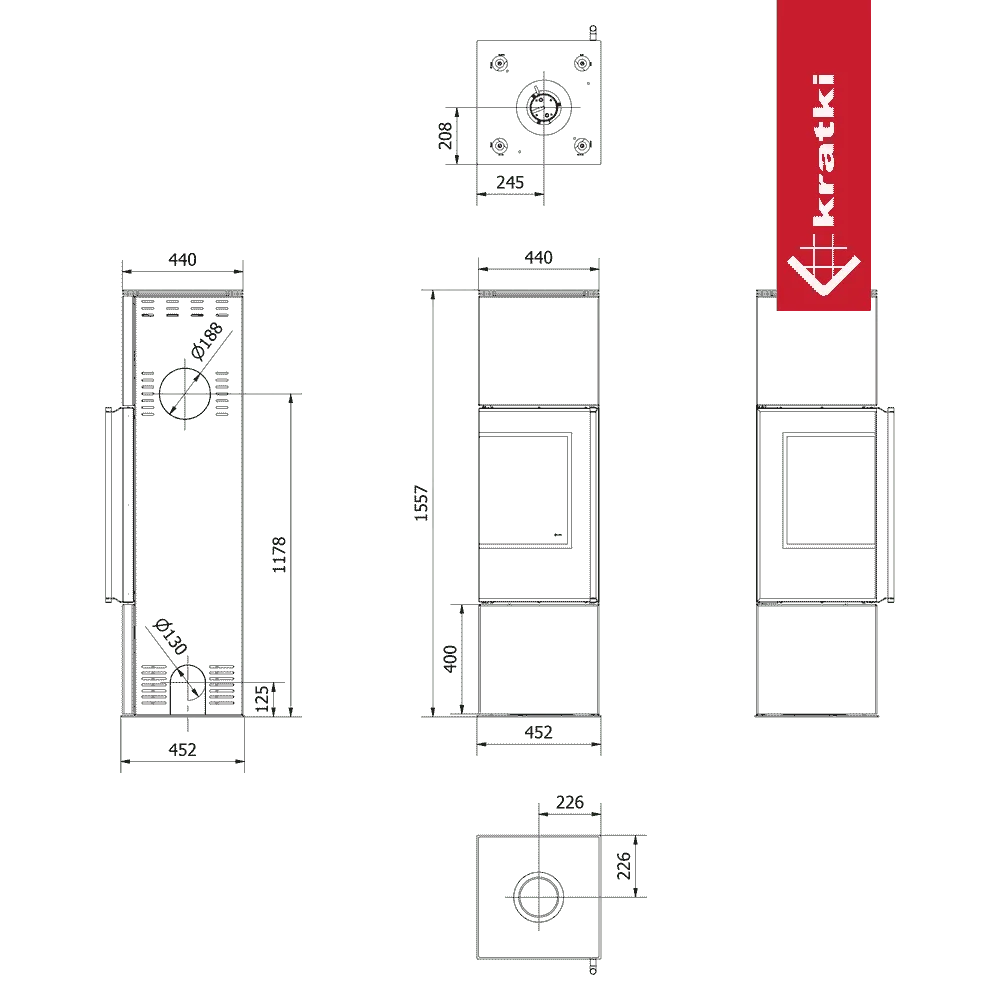 Technische tekening van de Kratki Ren M Links haard met afmetingen en specificaties.