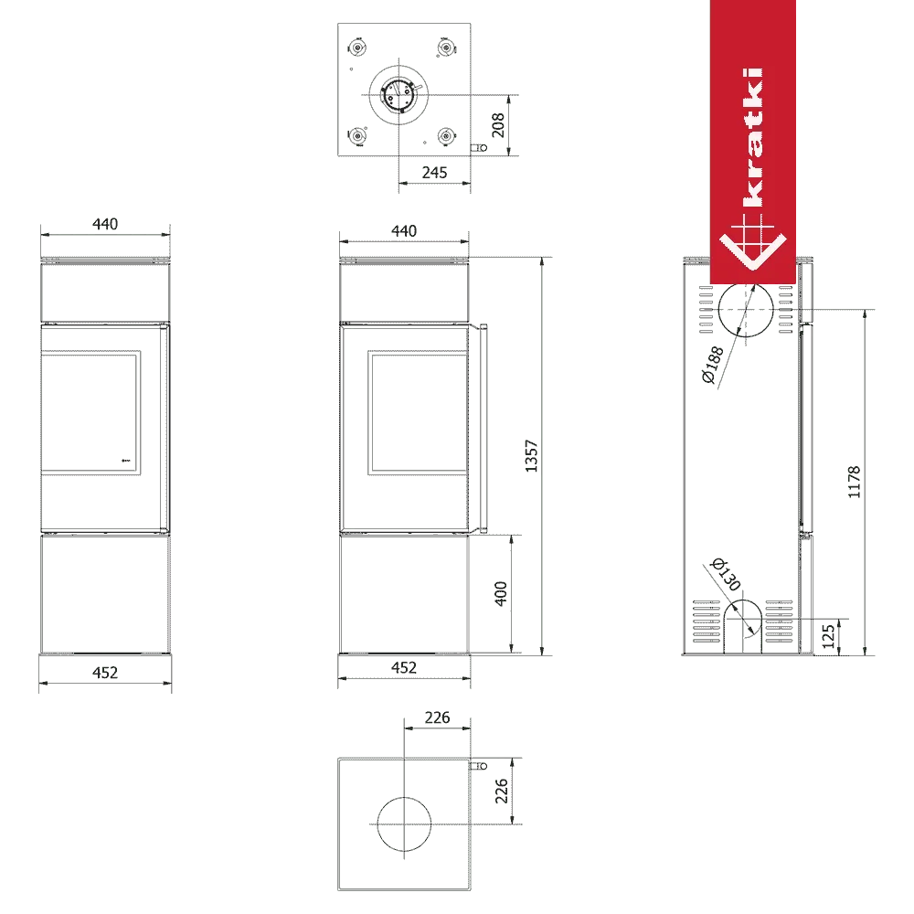 Technische tekening van de Kratki Ren L houtkachel met afmetingen en doorsneden.