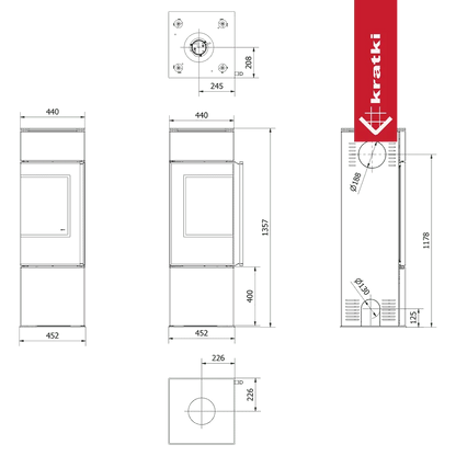Technische tekening van de Kratki Ren L houtkachel met afmetingen en doorsneden.