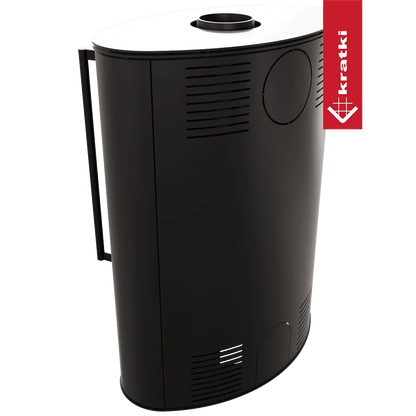 Zwarte, ovale Kratki Bjorn kachel met ventilatieopeningen en handvat aan de zijkant.