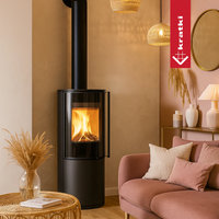 Kratki Sven houtkachel in een stijlvolle woonkamer met brandend vuur